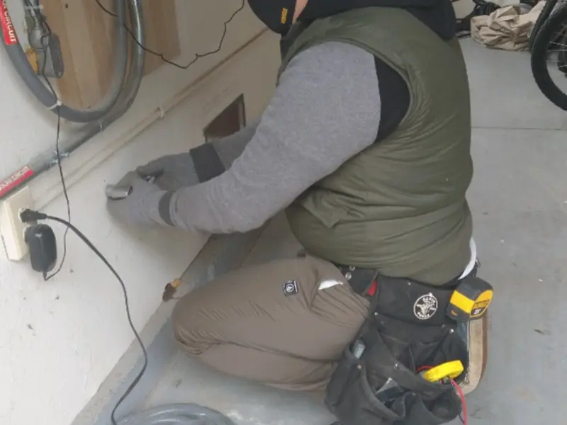 Electrician performing outlet wiring in a Pace garage
